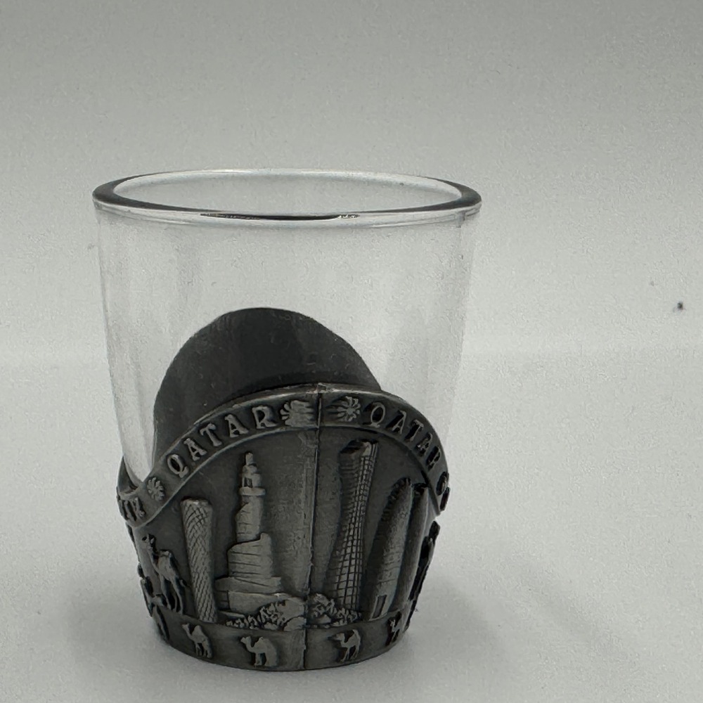 Qatar Souvenir Shot Glass Architectural Landmark Camel Design Pewter Metal Wrap